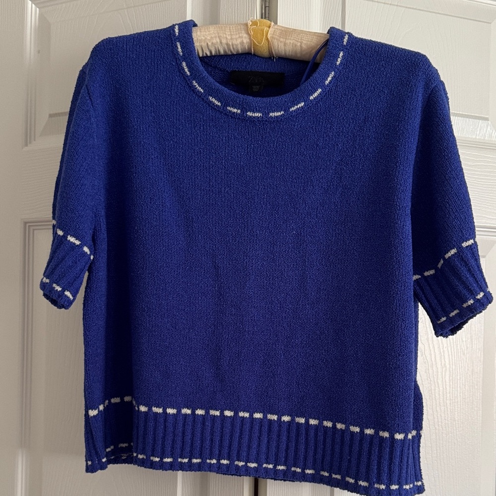 Blue Knit Sweater with White Accents